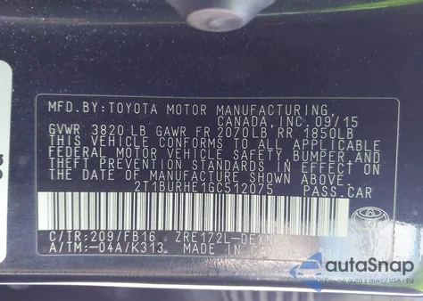 2016 Toyota Corolla Le z USA, uszkodzony, nr VIN 2T1BURHE1GC512075